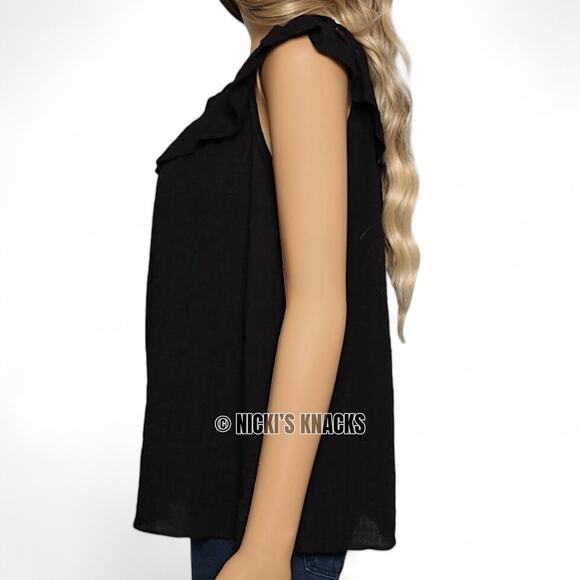 Max Studio Black Flutter Sleeve Blouse Lattice Neckline Cotton Blend Size XS - Picture 4 of 8